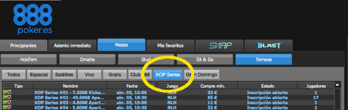 Lobby de 888poker.es: KOP Series 2020