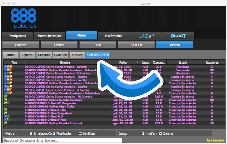 Satelites de las CNP 888 Series Online en el lobby de 888 Poker
