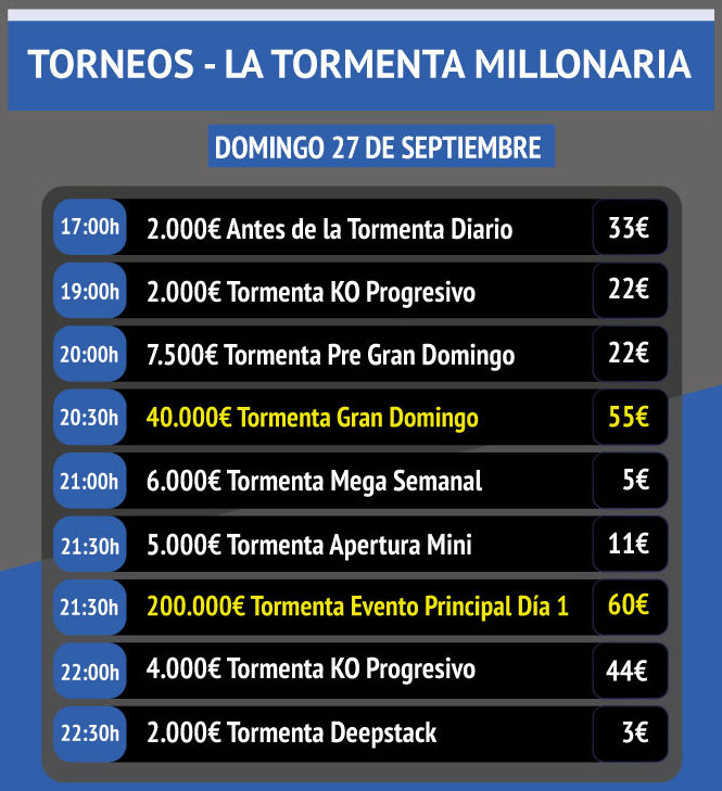 Domingo 27 de Sepirembre Tormenta Millonaria torneos de poker