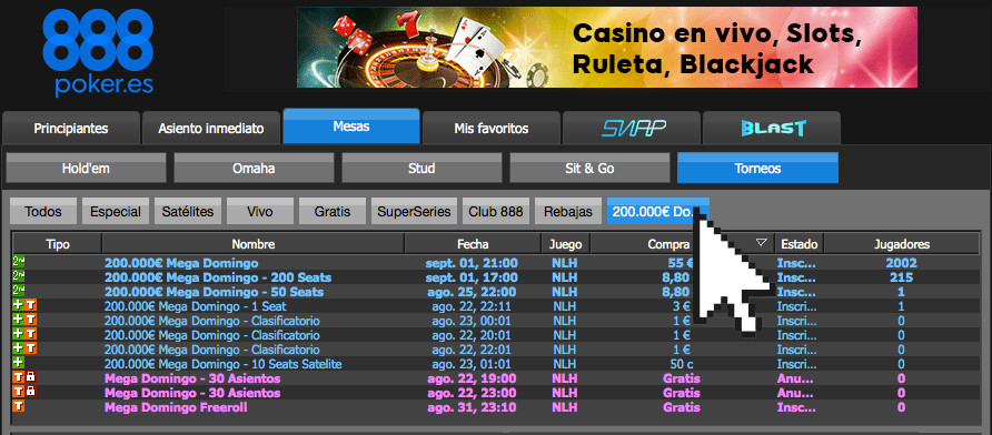 Lobby 888poker y el torneo 200.000€ Mega Domingo