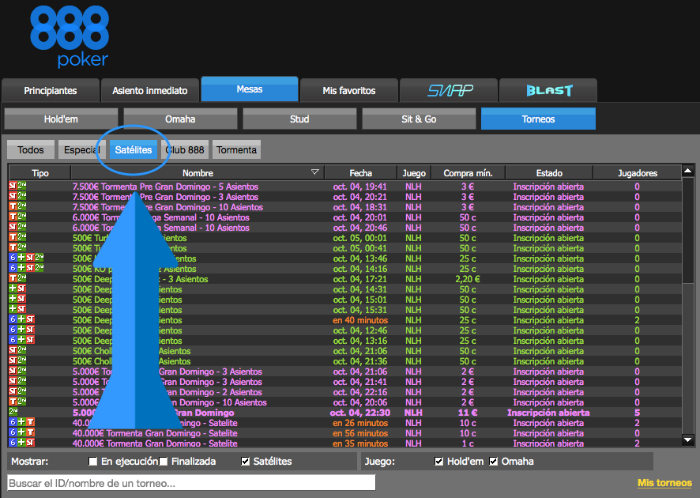 Satelite de torneos de poker en 888