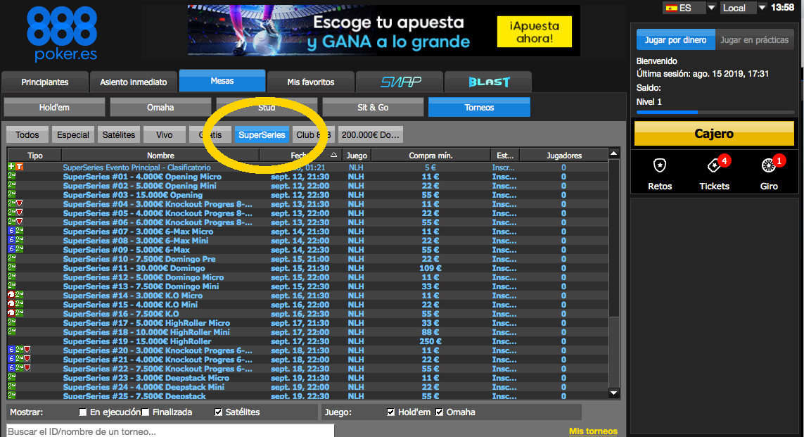 Lobby con los torneos de poker de las SuperSeries 888 Summer Edition