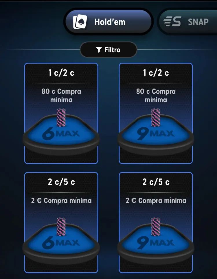 Menu Lobby Mesas de Poker