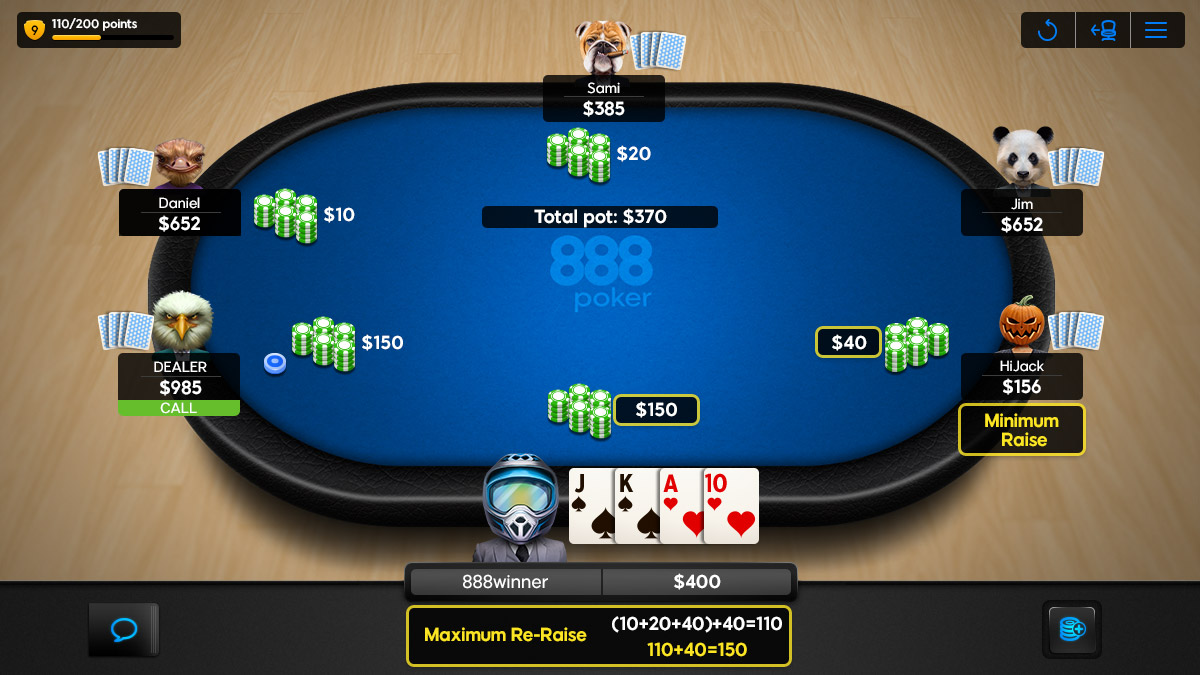 Mesa de poker Omaha mostrando las posiciones de Ciega Pequeña y Ciega Grande en 888poker.